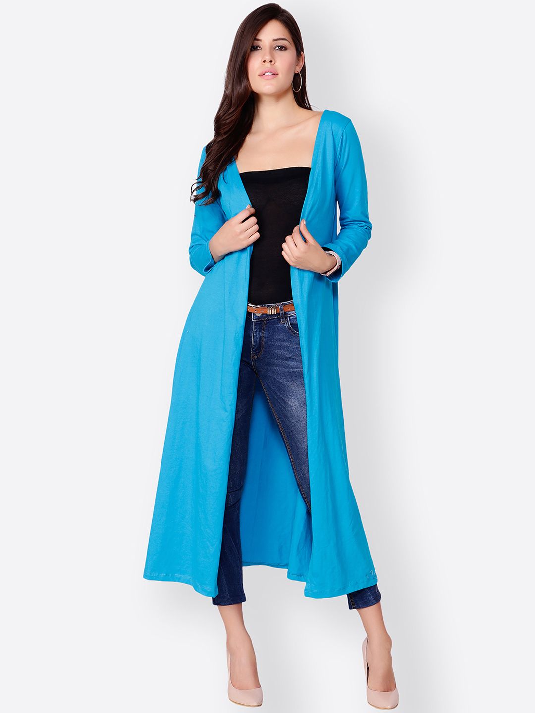 SCORPIUS Blue Solid Open Front Longline Shrug Price in India