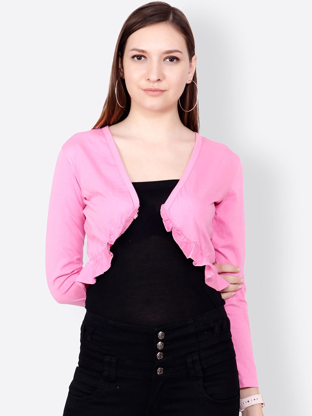 SCORPIUS Pink Solid Open Front Shrug Price in India