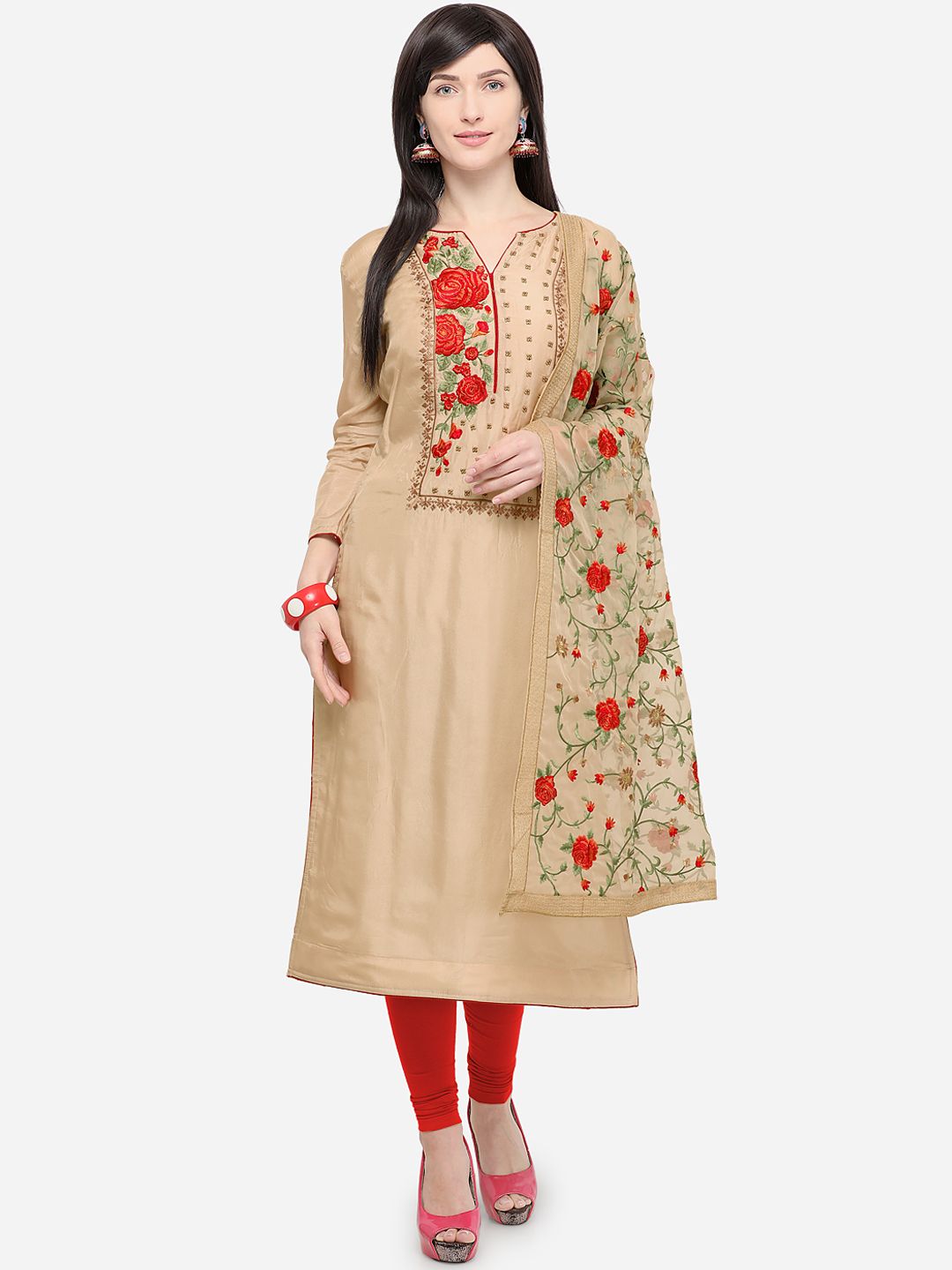 Rajnandini Cream-Coloured Silk Blend Unstitched Dress Material Price in India