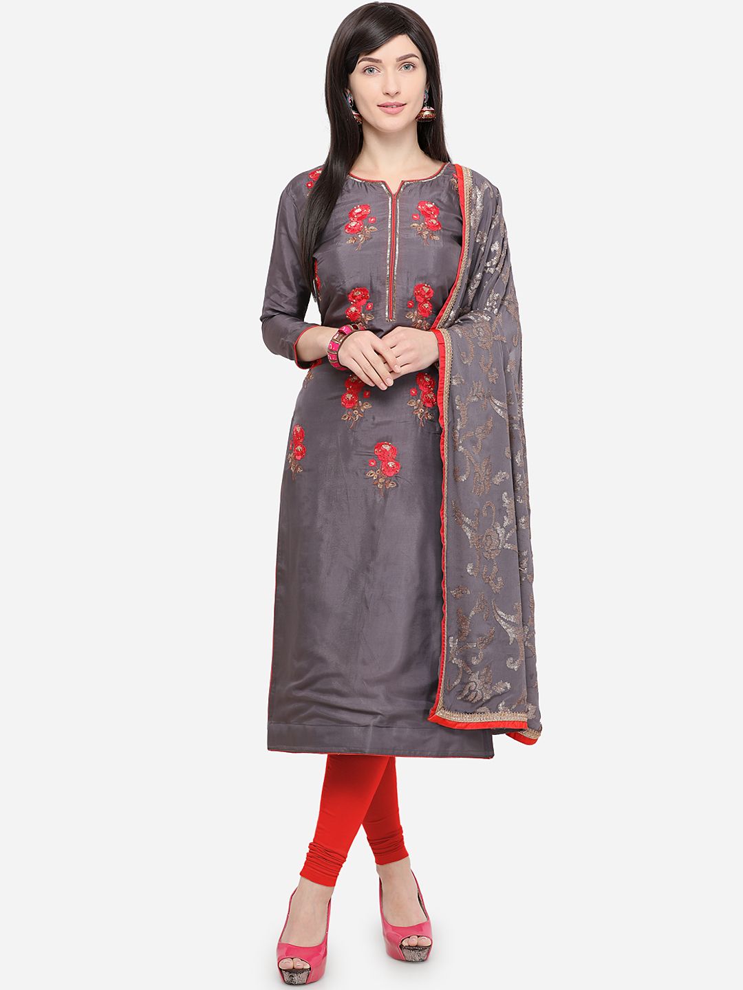 Rajnandini Grey & Red Silk Blend Unstitched Dress Material Price in India