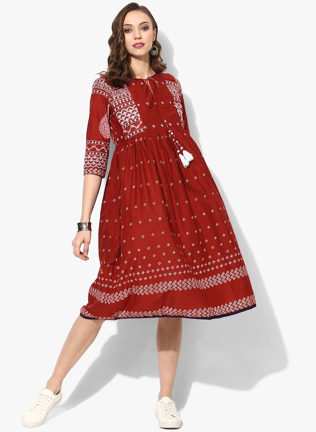 Maroon Printed Fit and Flare Dress Price in India