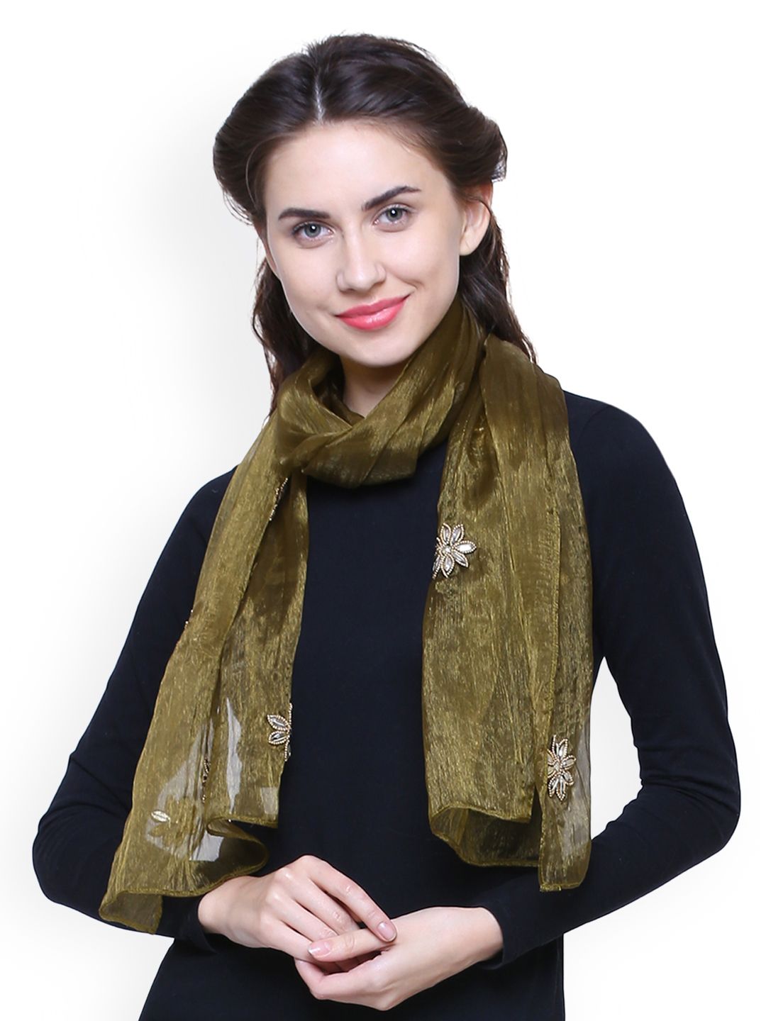 Anekaant Women Olive Green Woven Design Stole Price in India