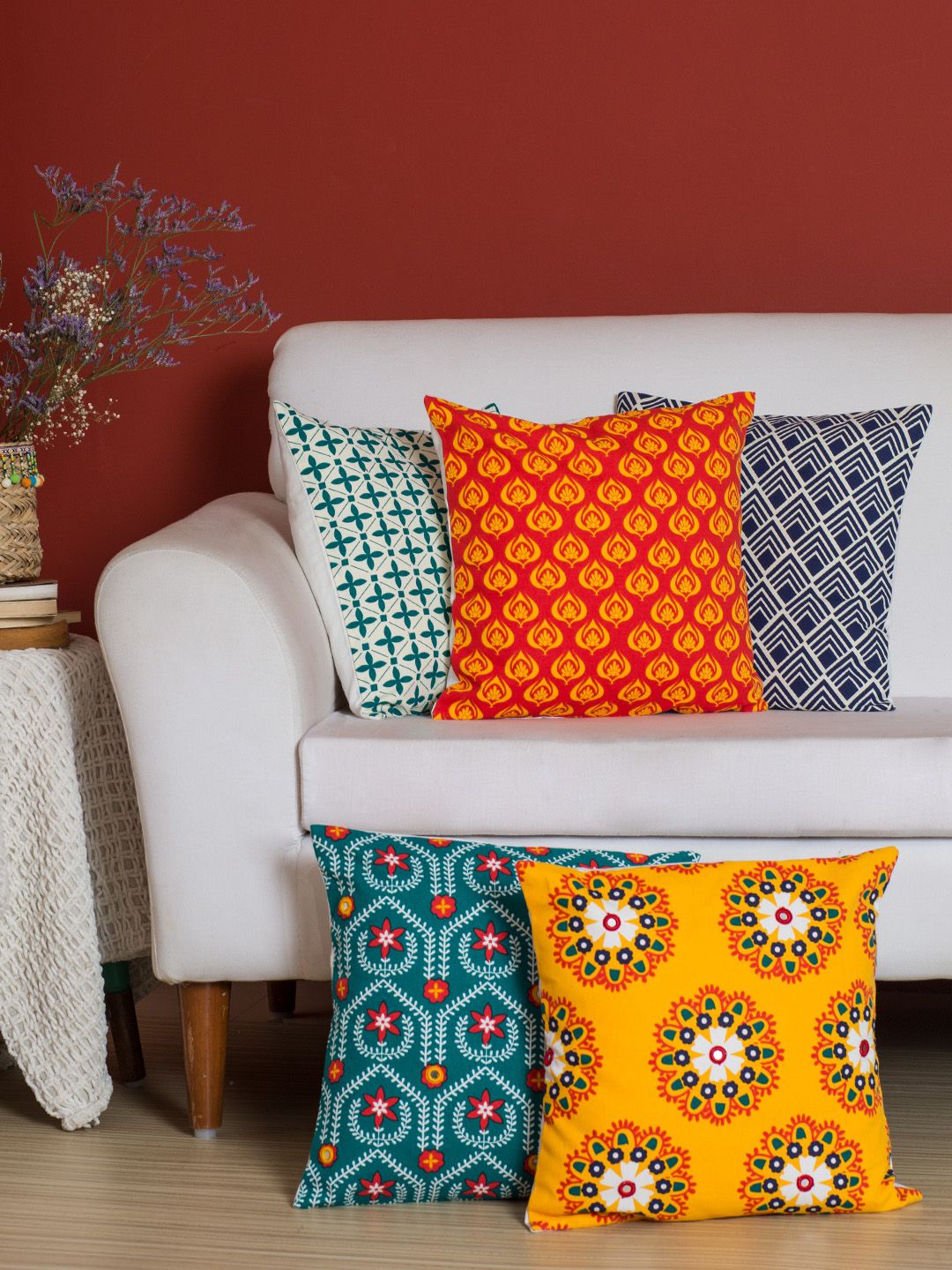 Chumbak Multicoloured Set of 5 Geometric Square Cushion Covers Price in India