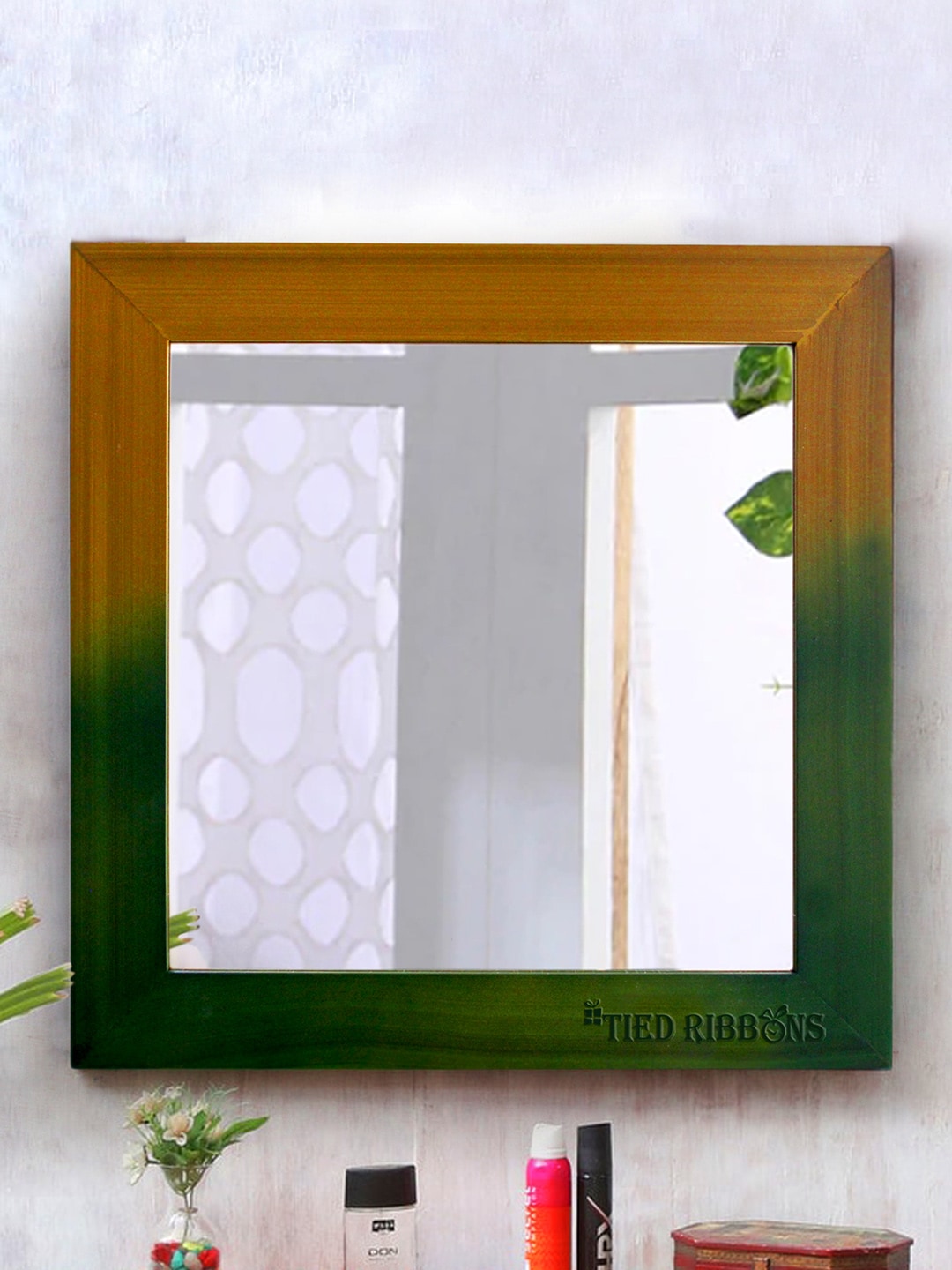 TIED RIBBONS Green & Yellow Square Decorative Wall Mirror Price in India