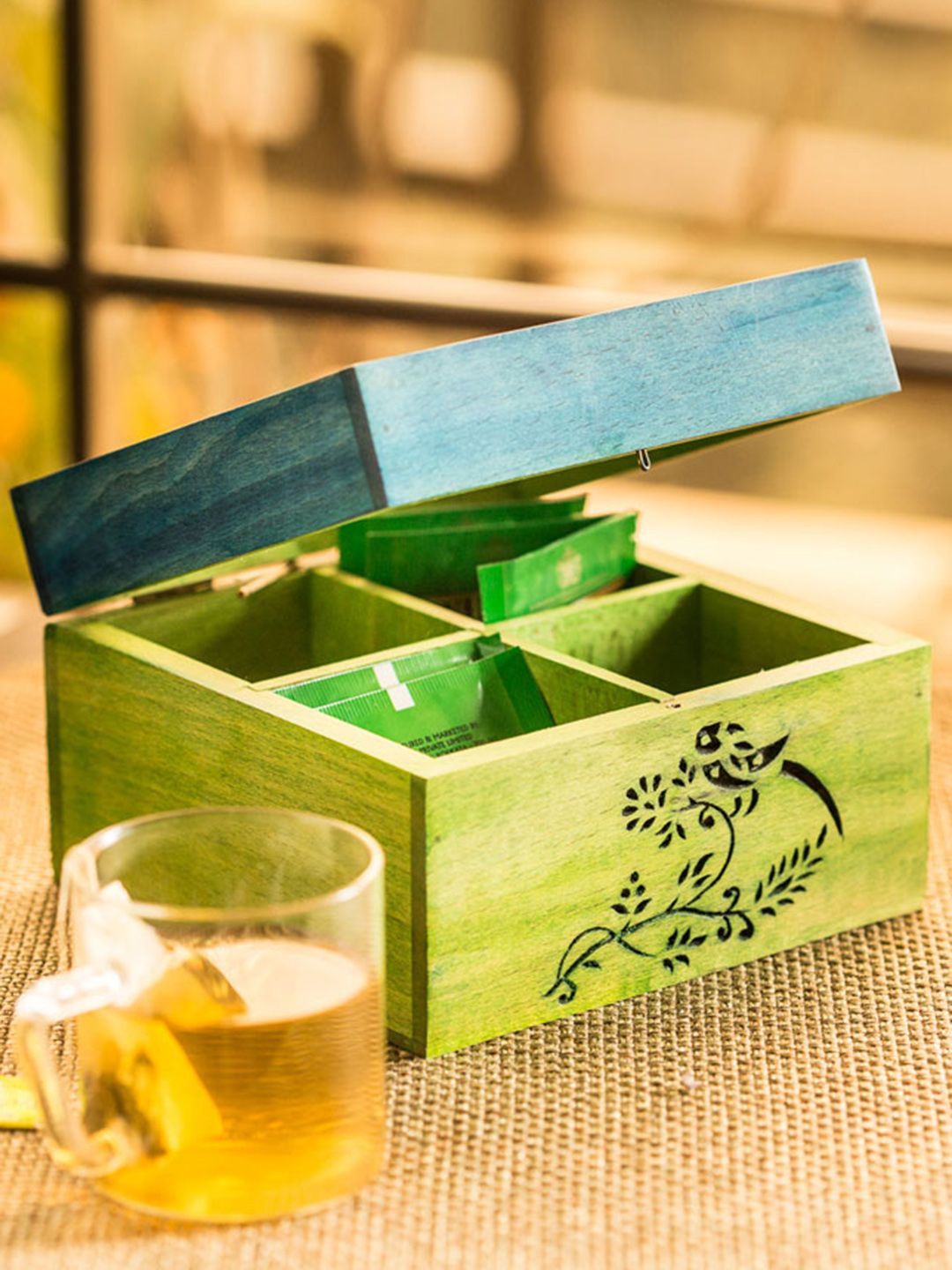 ExclusiveLane Green Printed Bird Collection Tea Cum Multi-Utility Handcrafted Wooden Box Price in India