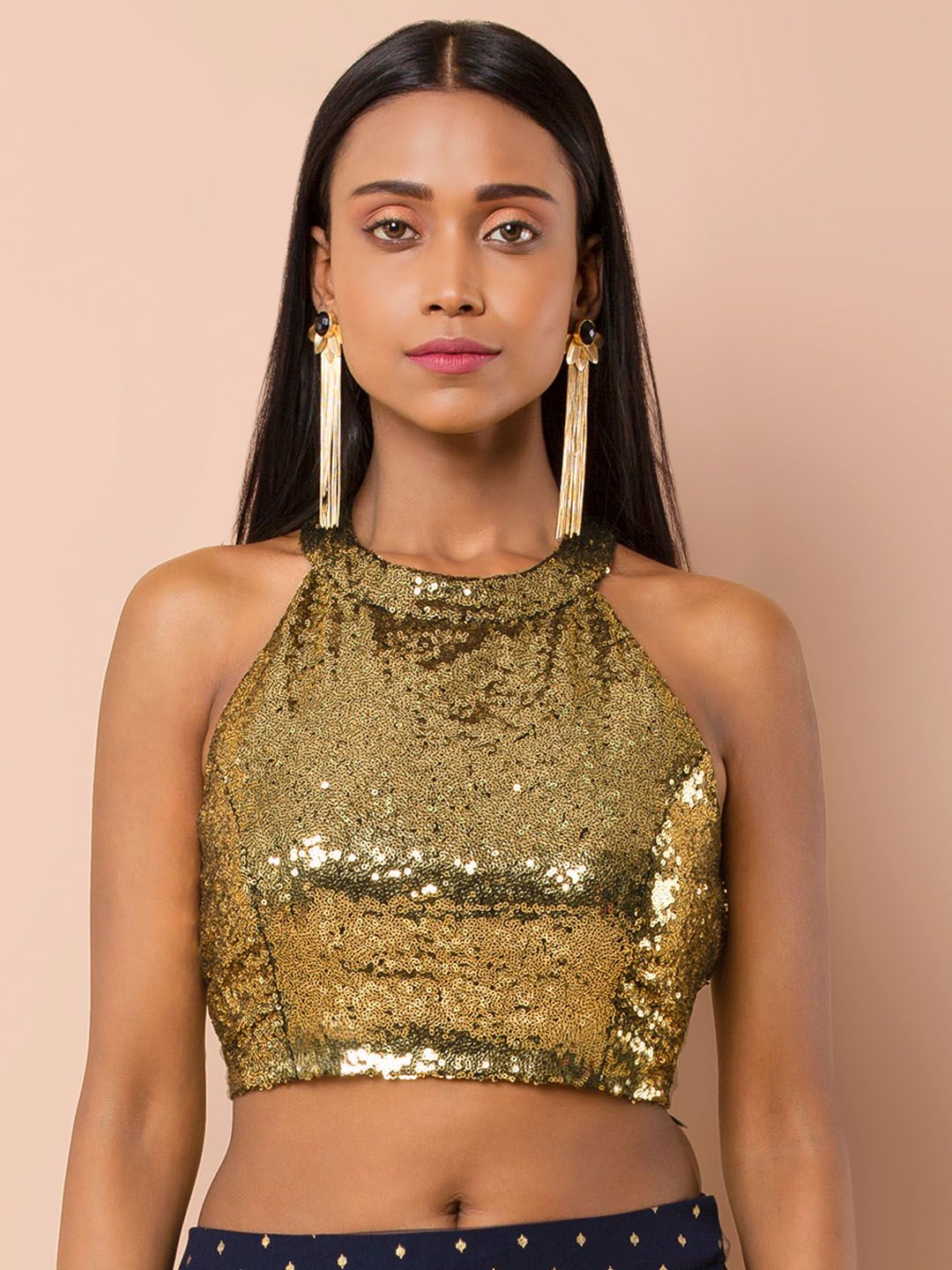 INDYA Women Gold-Toned Embellished Fitted Top