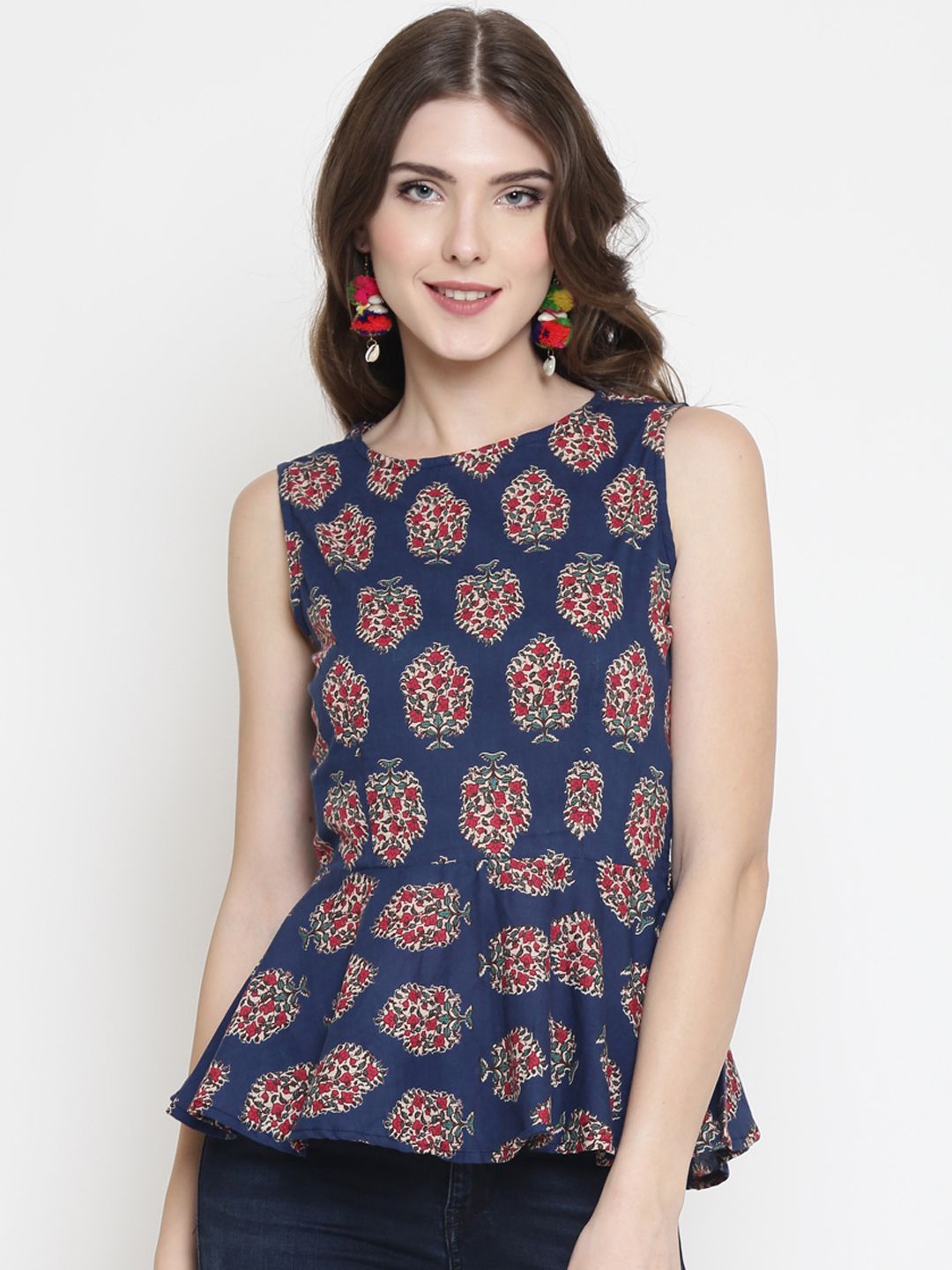 Sera Women Navy Blue Printed Peplum Pure Cotton Top