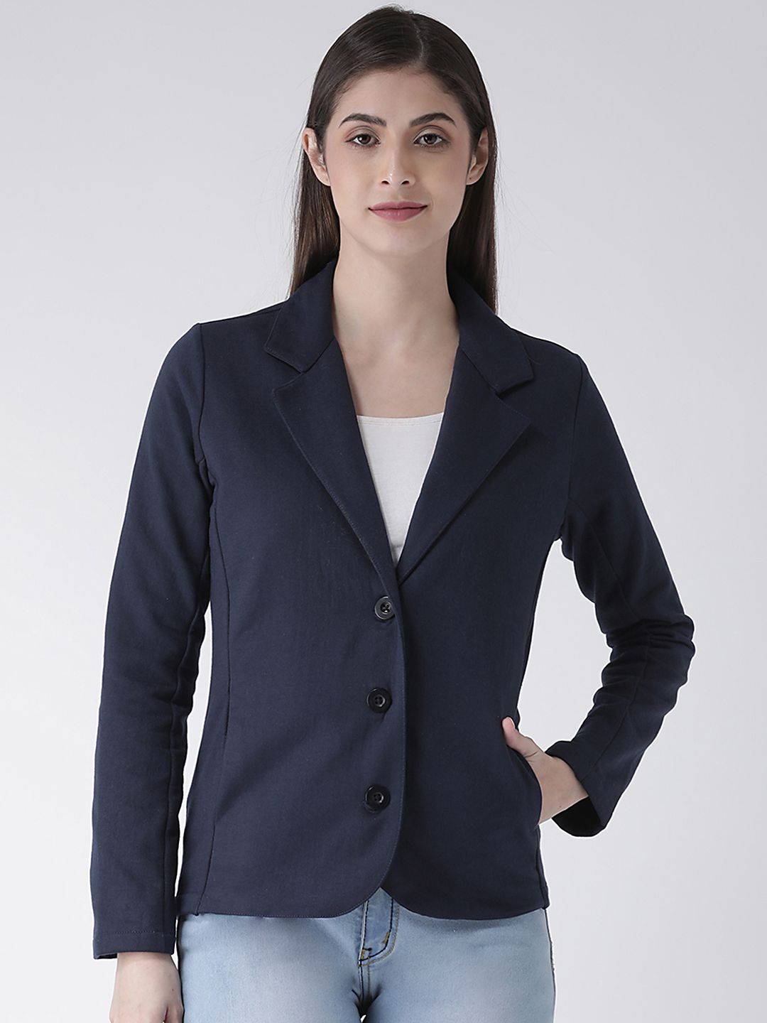 The Vanca Women Navy Blue Solid Tailored Jacket