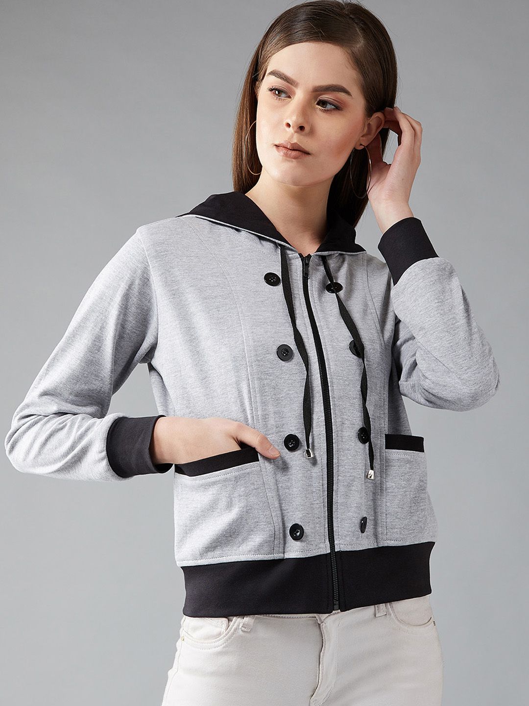 DOLCE CRUDO Women Grey Solid Bomber Hooded Jacket Price in India