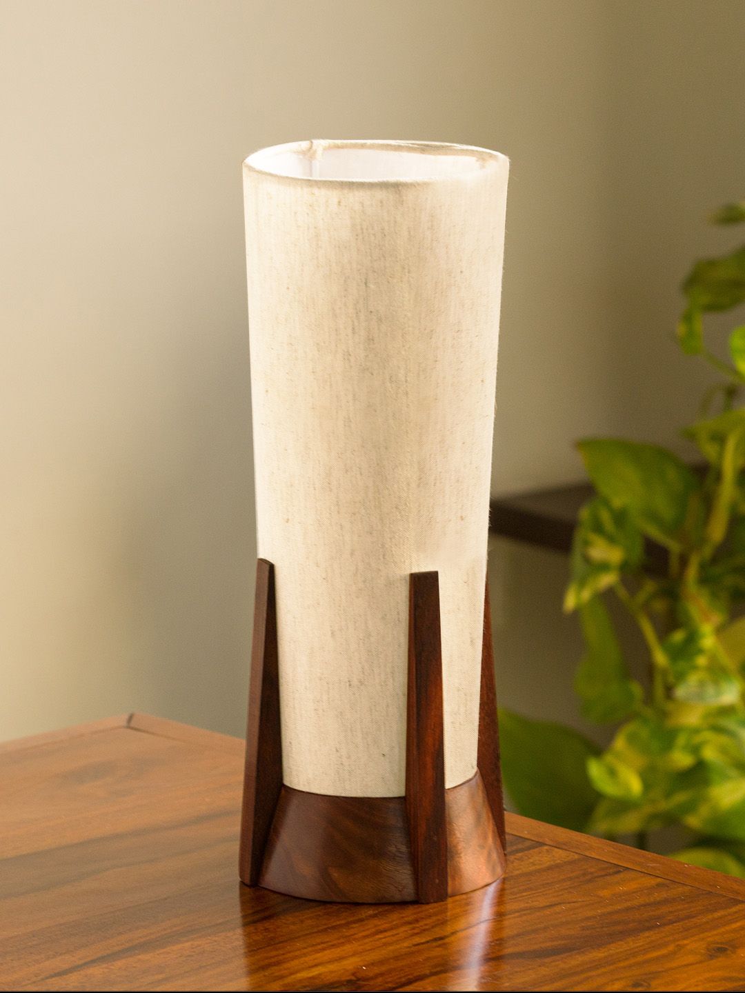 ExclusiveLane Cream-Coloured Handcrafted Sheesham Wooden Column Table Lamp Price in India