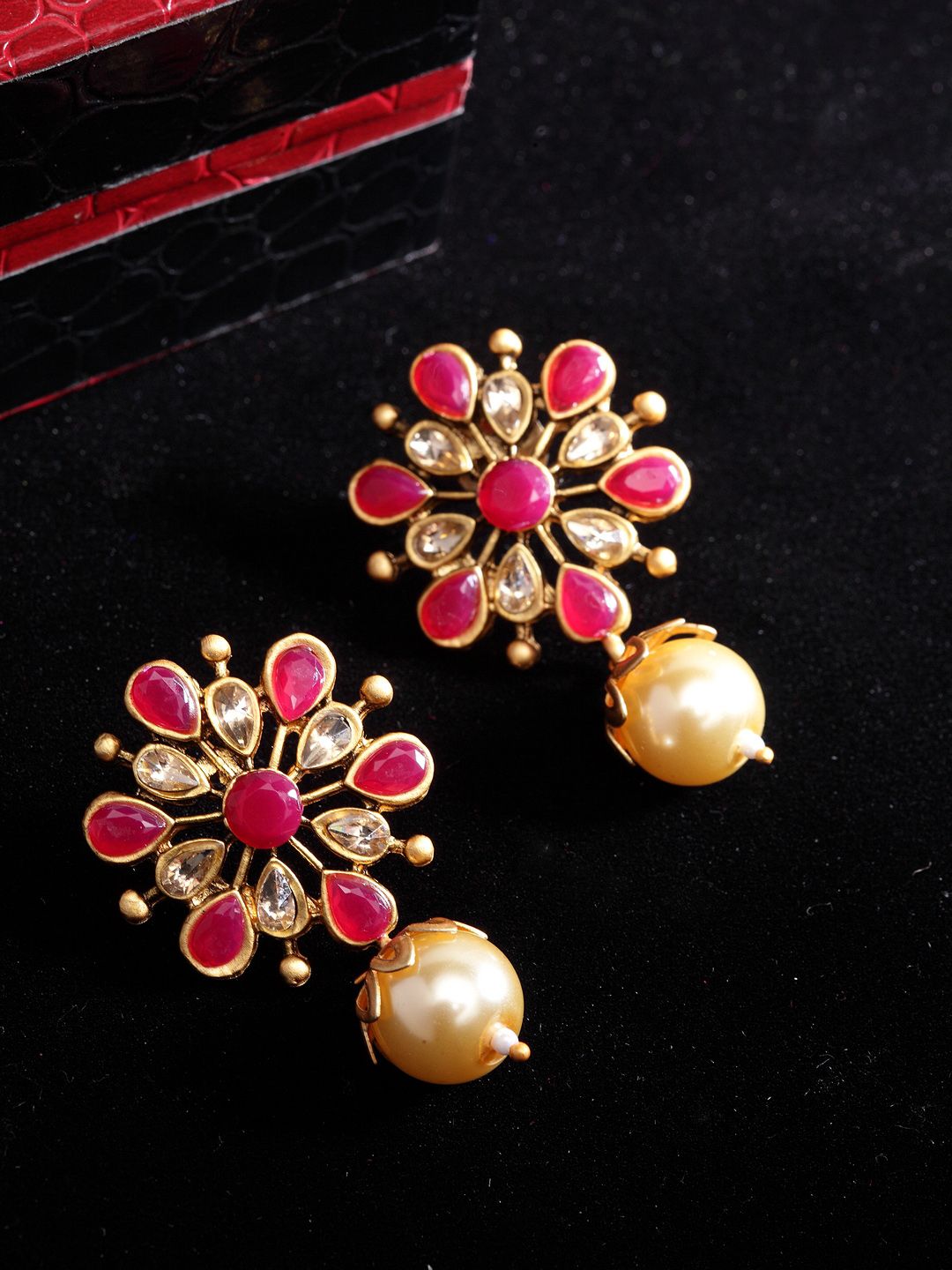 PANASH Pink Gold-Plated Floral Handcrafted Kundan Drop Earrings Price in India