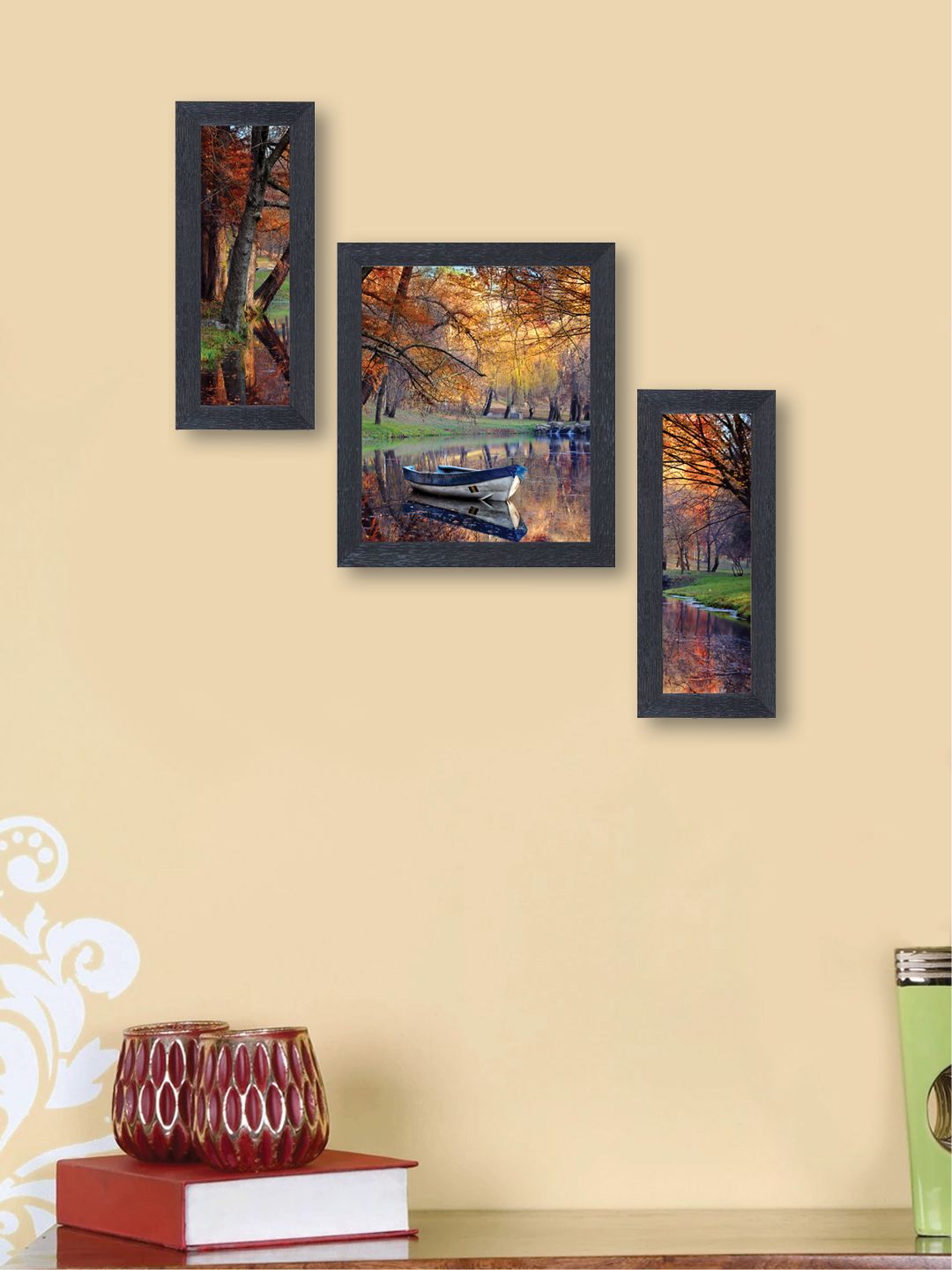 nest ART Set of 3 Brown & Green Synthetic Wood  Painting Price in India