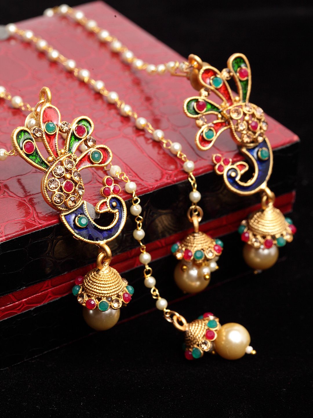 PANASH Gold-Plated & Off-White Meenakari Peacock Shaped Drop Earrings Price in India