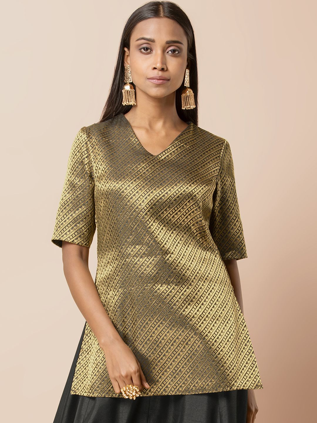 INDYA Women Black & Gold-Toned Woven Design A-Line Kurti Price in India