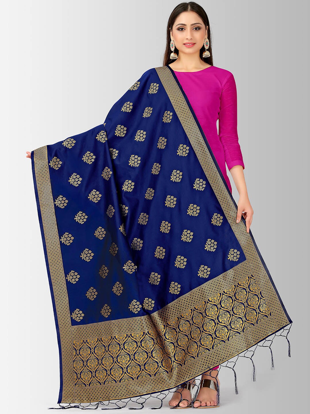MIMOSA Navy Blue & Gold-Toned Woven Design Dupatta Price in India