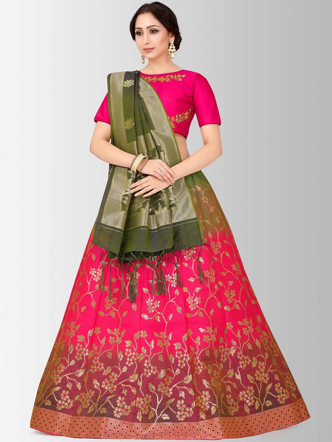 MIMOSA Pink & Green Embroidered Semi-Stitched Bridal Lehenga & Blouse with Dupatta Price in India
