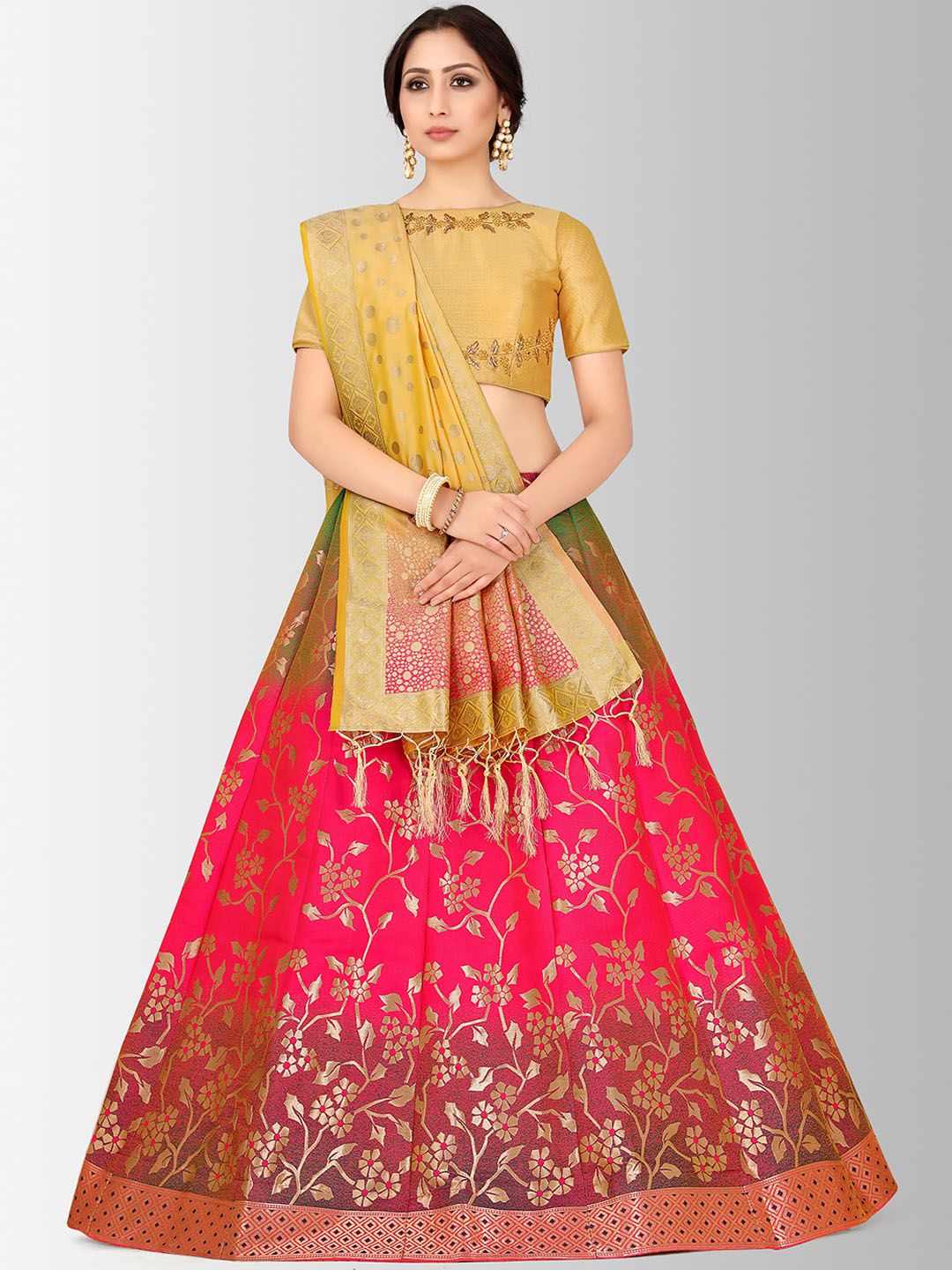MIMOSA Yellow & Pink Embroidered Semi-Stitched Bridal Lehenga & Blouse with Dupatta