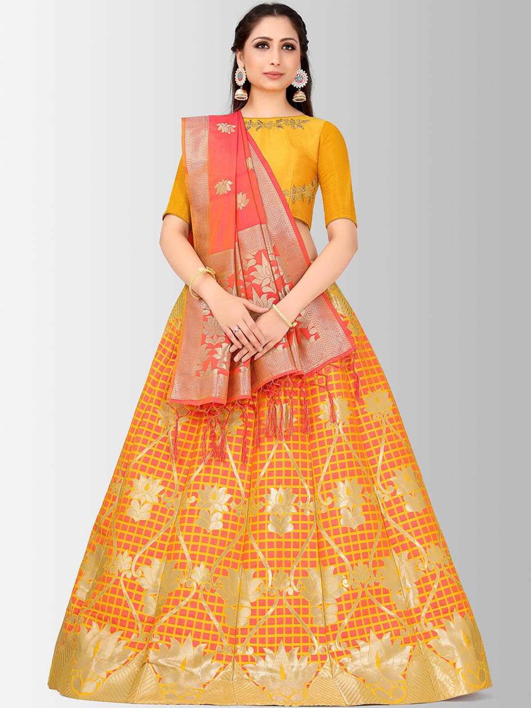 MIMOSA Yellow & Orange Embroidered Semi-Stitched Lehenga & Blouse with Dupatta Price in India