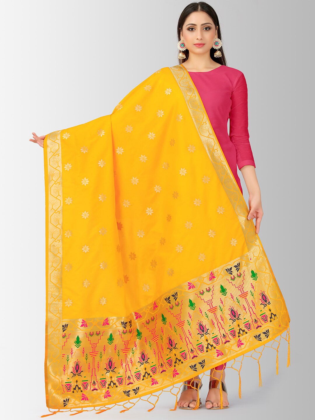 MIMOSA Mustard Yellow & Gold-Toned Woven Design Dupatta Price in India