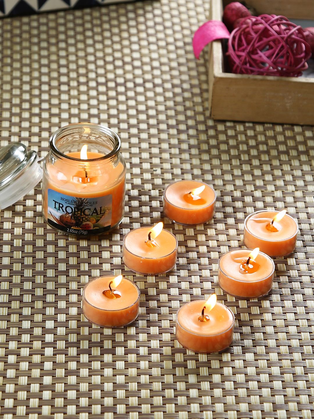 HOSLEY Set of 7 Orange Tropical Mist Scented Jar Candle With Tealights Price in India