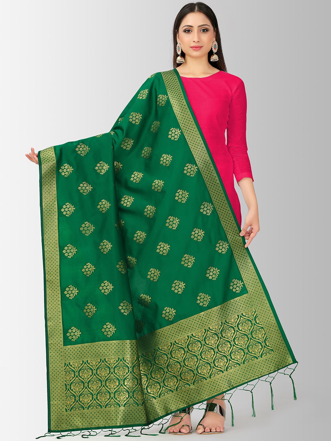 MIMOSA Green & Gold-Toned Woven Design Dupatta Price in India