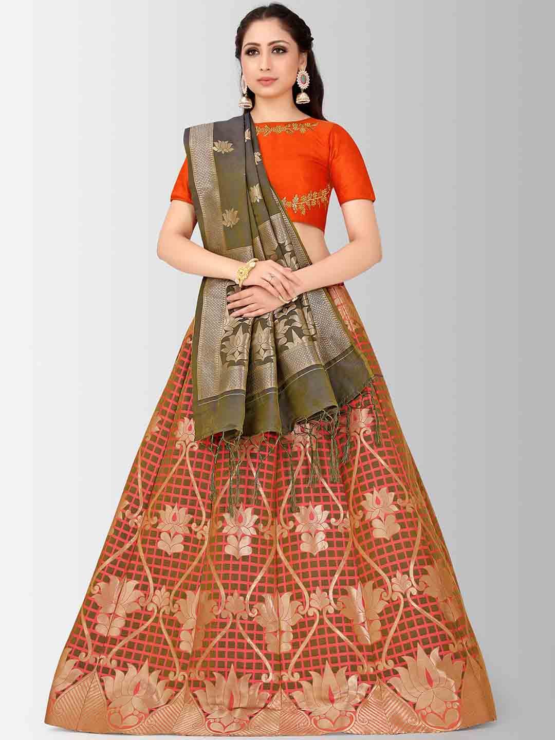 MIMOSA Orange & Green Embroidered Semi-Stitched Lehenga & Blouse with Dupatta