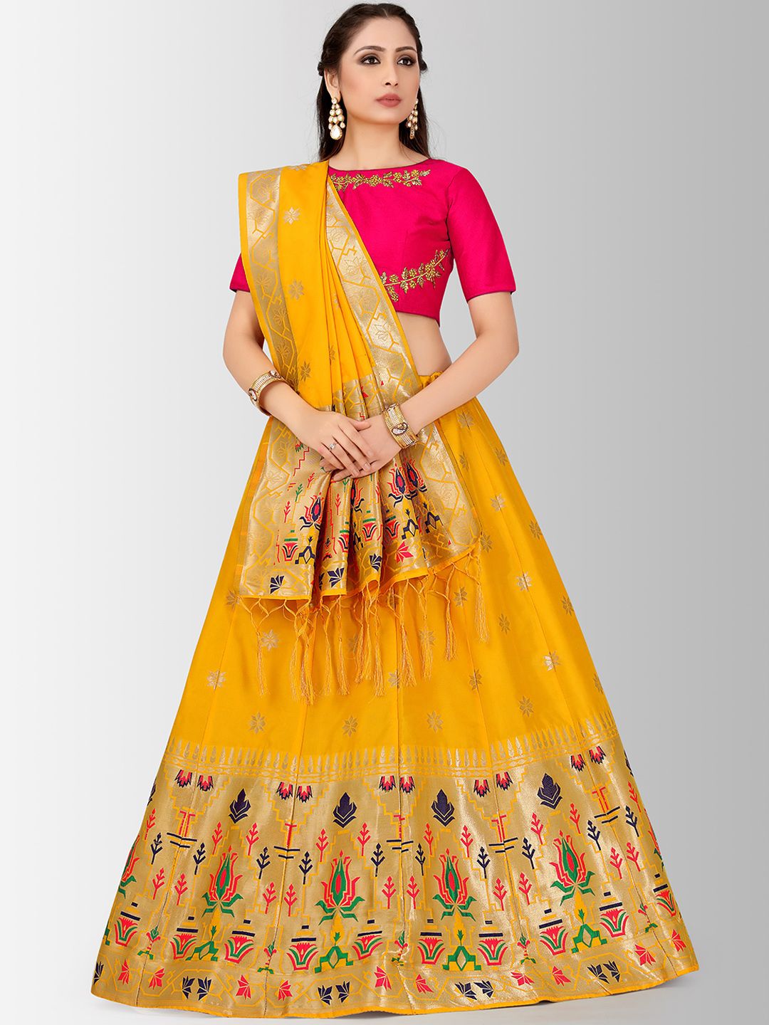 MIMOSA Mustard Yellow & Fushia Embroidered Semi-Stitched Lehenga & Blouse with Dupatta