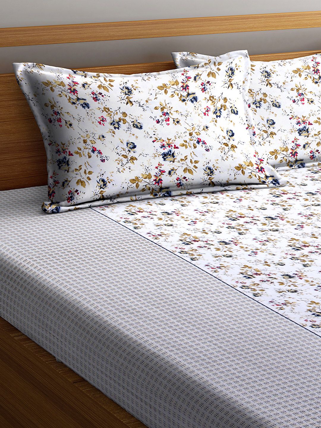 Rajasthan Decor White Floral 144 TC Cotton 1 Queen Bedsheet with 2 Pillow Covers Price in India