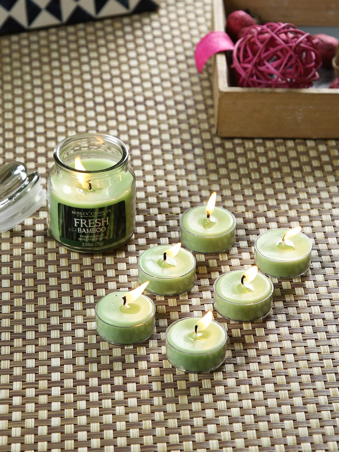 HOSLEY Set of 7 Green Fresh Bamboo Scented Jar Candle With Tealights Price in India