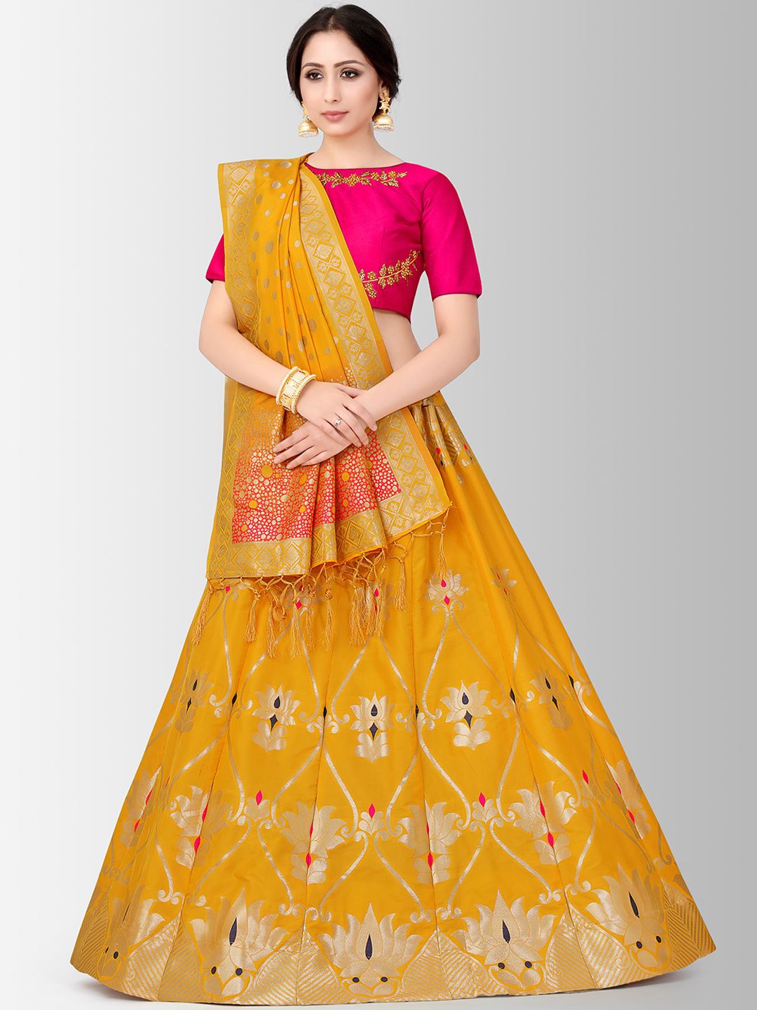 MIMOSA Yellow & Pink Embroidered Semi-Stitched Bridal Lehenga & Blouse with Dupatta