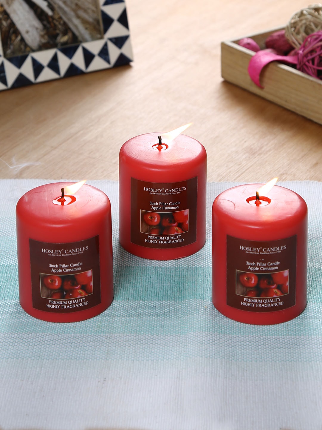 HOSLEY Set of 3 Red Solid Apple Cinnamon Pillar Candles Price in India
