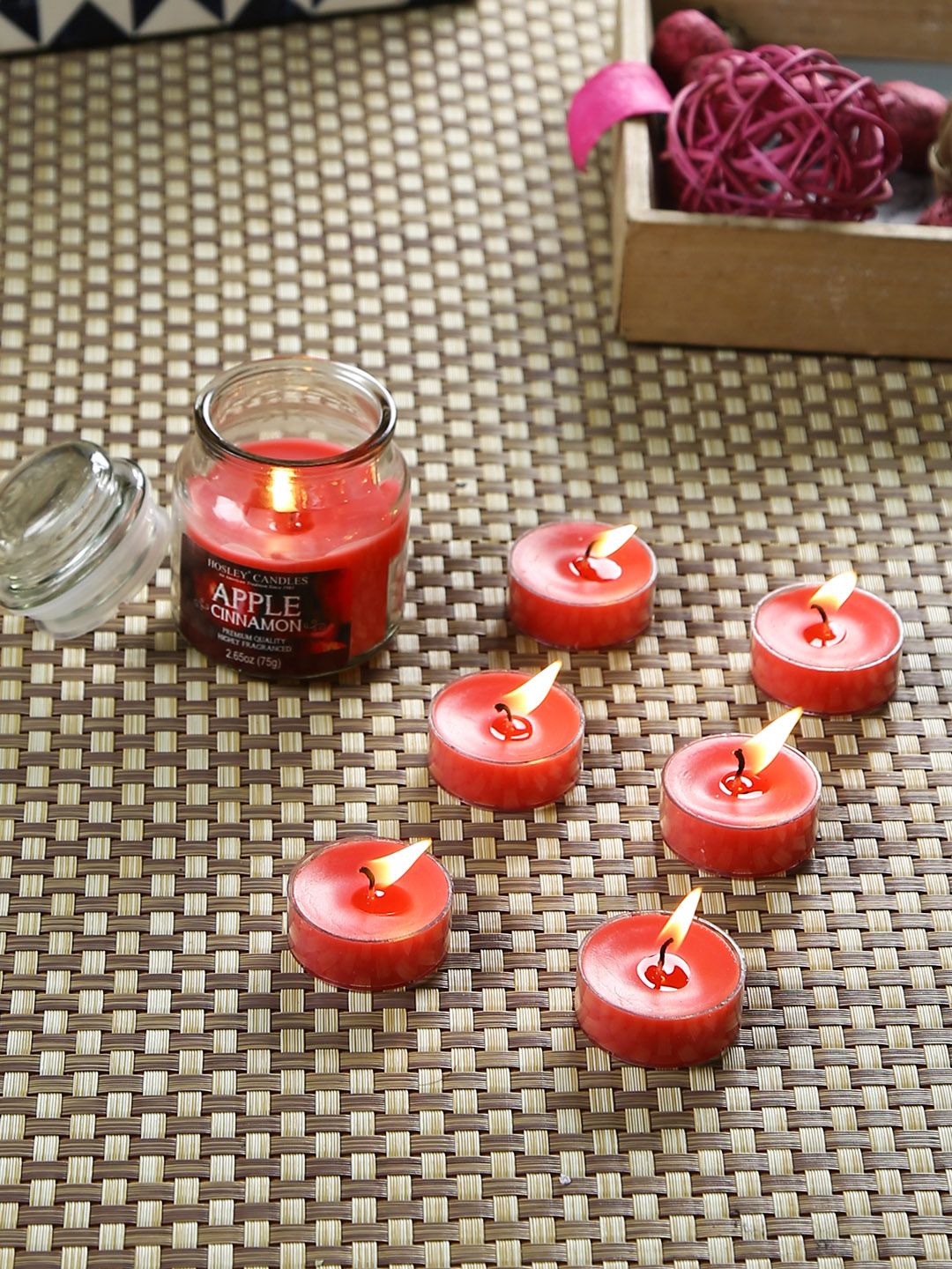 HOSLEY Set of 7 Red Apple Cinnamon Scented Jar Candle With Tealights Price in India