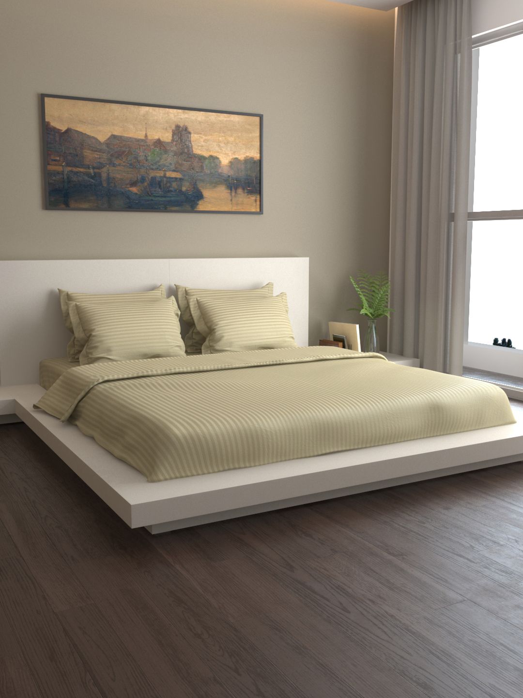 MARK HOME Beige Striped 400 TC Premium Bedding Set Price in India