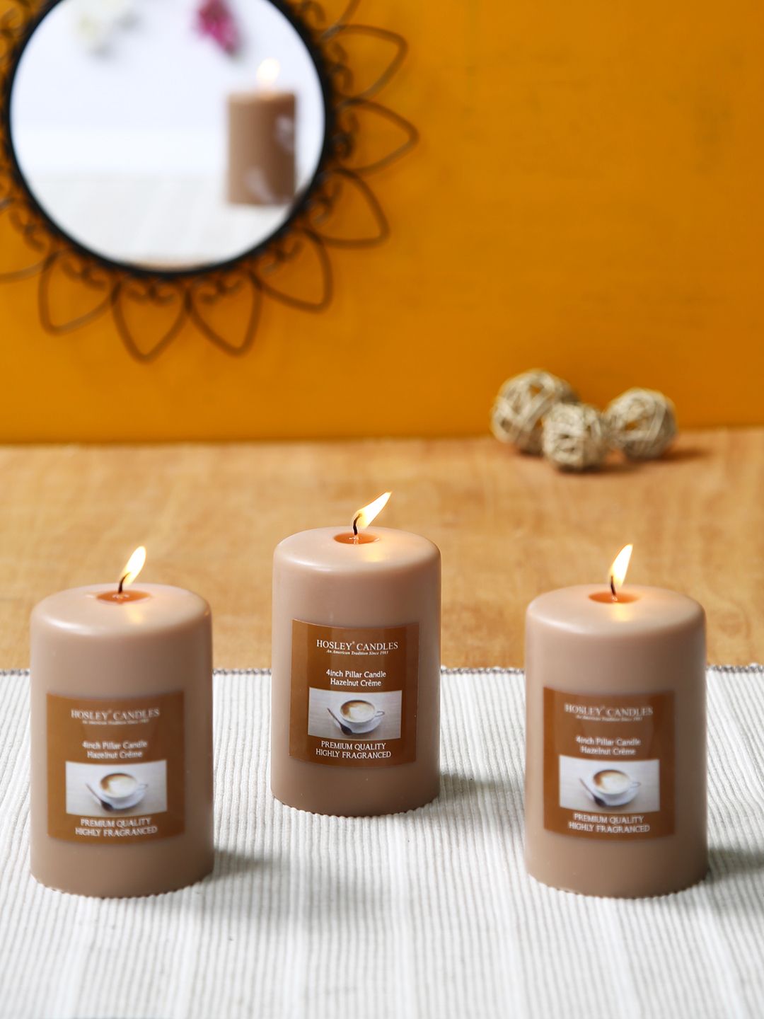 HOSLEY Set of 3 Brown Solid Hazelnut Creme Pillar Candles Price in India