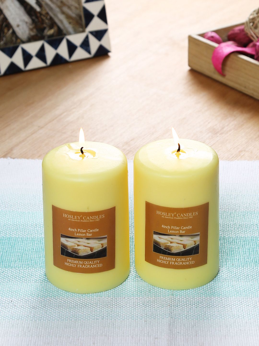 HOSLEY Set of 2 Yellow Solid Lemon Bar Pillar Candles Price in India