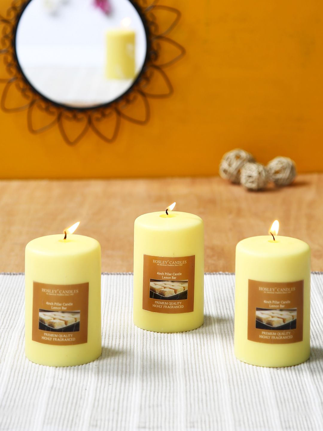 HOSLEY Set of 3 Yellow Solid Lemon Bar Pillar Candles Price in India