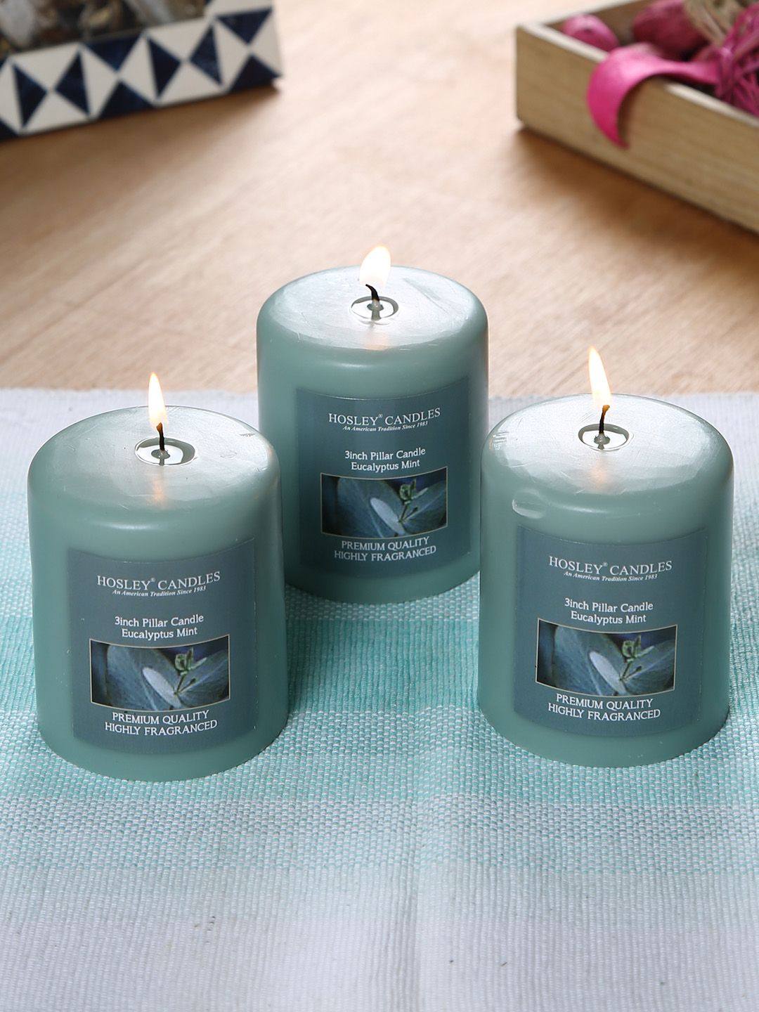 HOSLEY Set of 3 Blue Eucalyptus Mint Scented Pillar Candles Price in India