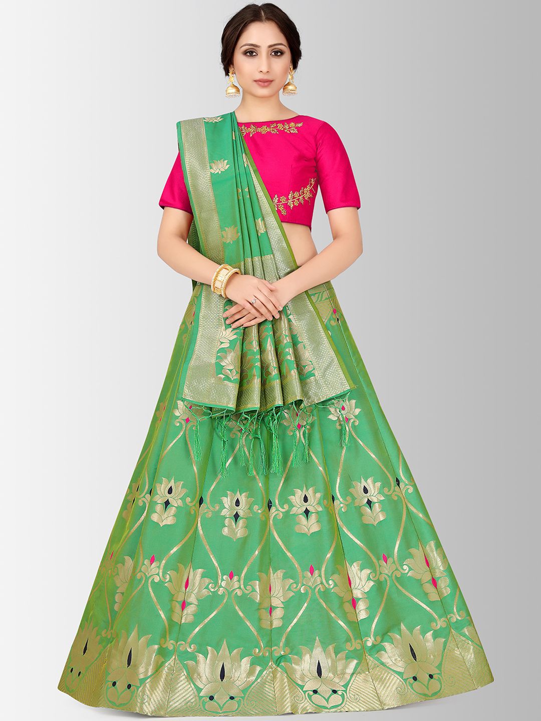MIMOSA Green & Pink Embroidered Semi-Stitched Bridal Lehenga & Blouse with Dupatta