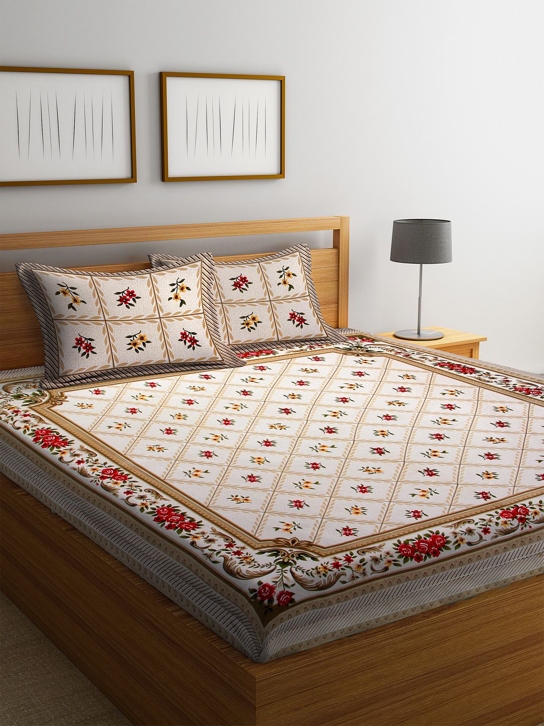 Rajasthan Decor Beige & Brown Floral 144 TC Cotton 1 Queen Bedsheet with 2 Pillow Covers Price in India