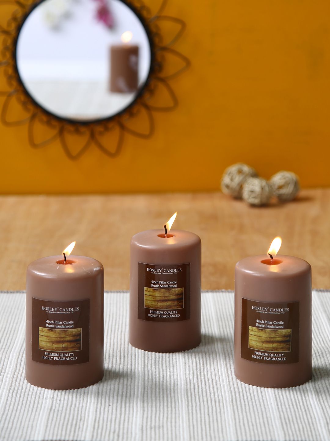 HOSLEY Set of 3 Brown Solid Rustic Sandalwood Pillar Candles Price in India