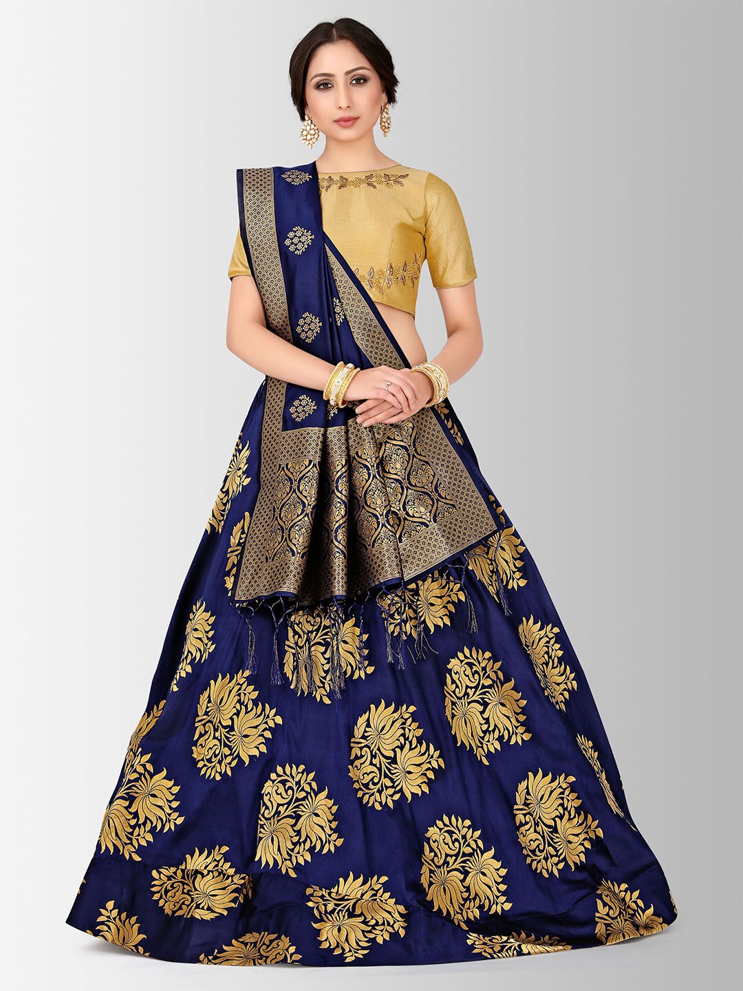 MIMOSA Navy Blue & Yellow Embroidered Semi-Stitched Bridal Lehenga & Blouse with Dupatta Price in India