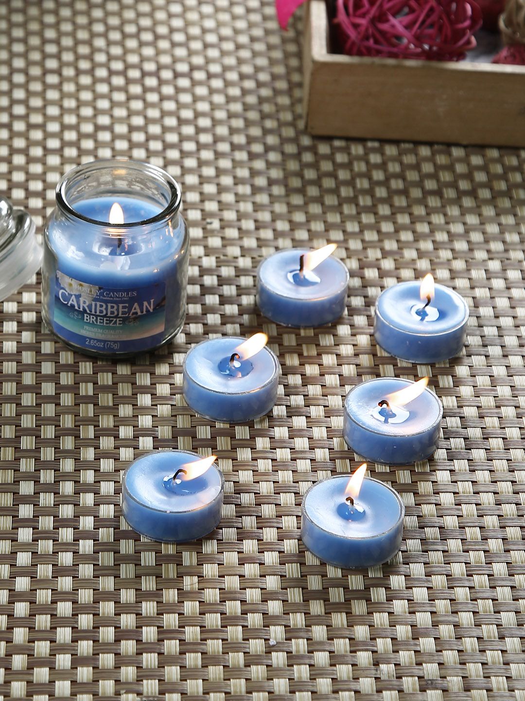 HOSLEY Set of 7 Blue Caribbean Breeze Scented Jar Candle With Tealights Price in India