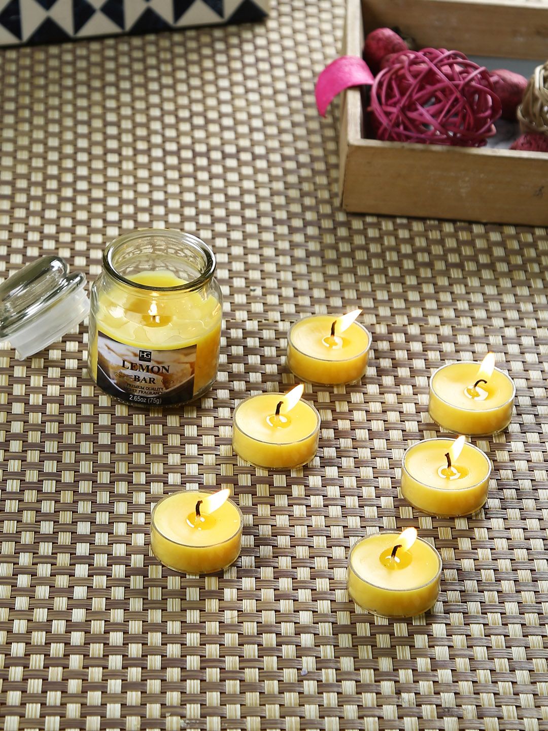 HOSLEY Set of 7 Yellow Lemon Bar Scented Jar Candle With Tealights Price in India