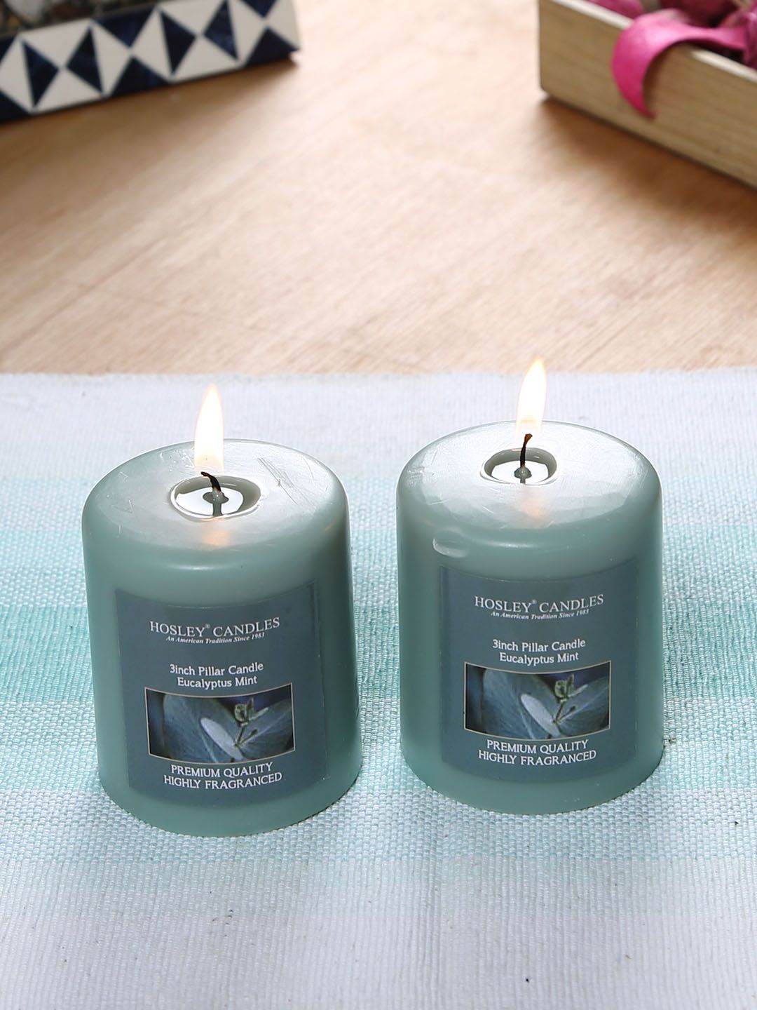 HOSLEY Set of 2 Blue Eucalyptus Mint Scented Pillar Candles Price in India