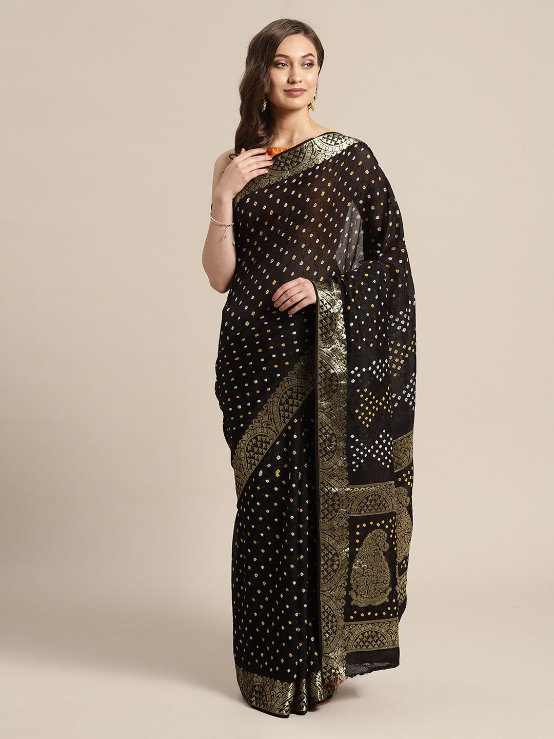 Geroo Jaipur Black & White Art Silk Printed Bandhani Saree Price in India