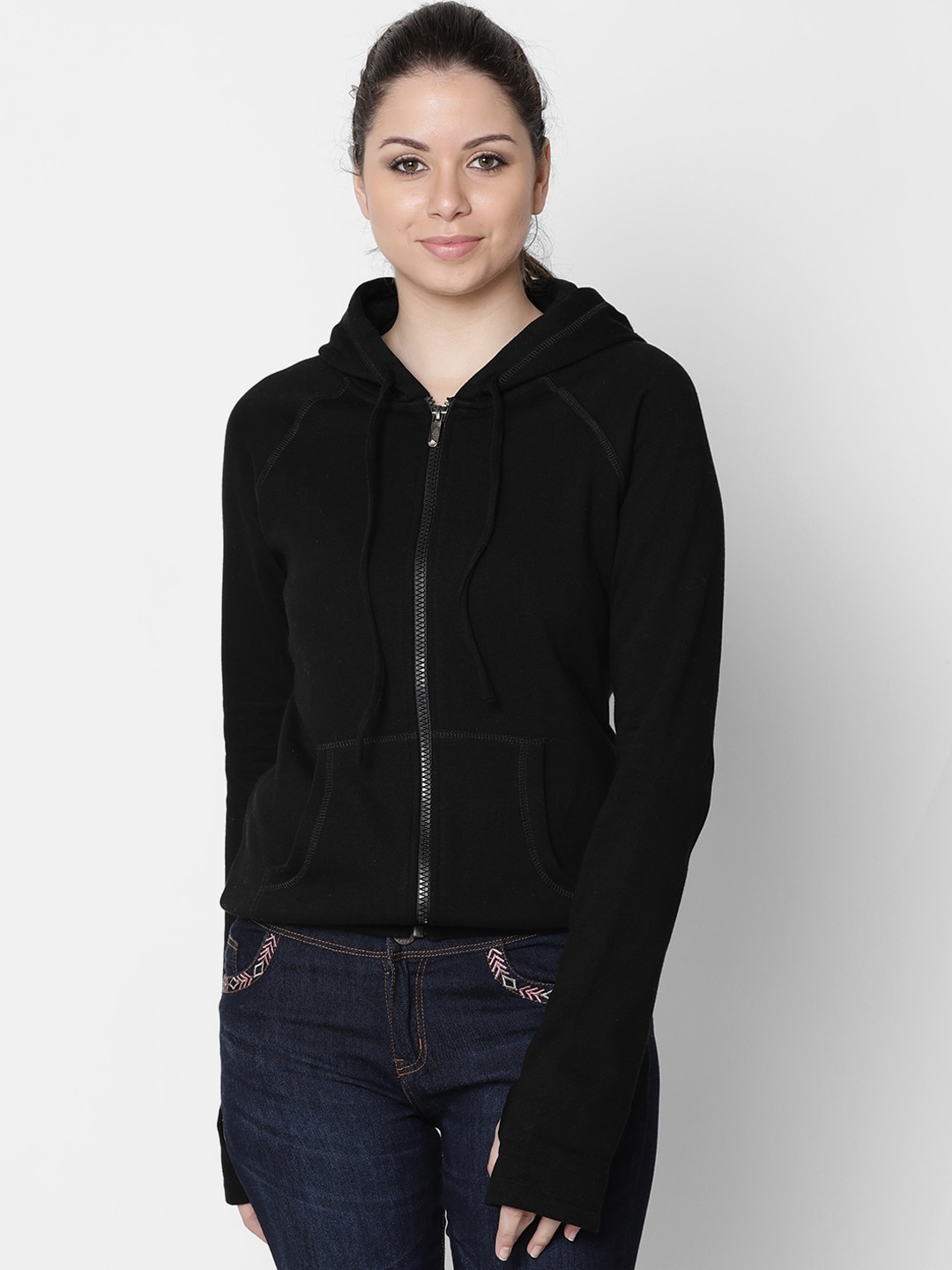 Rute Women Black Solid Hooded Sweatshirt Price in India