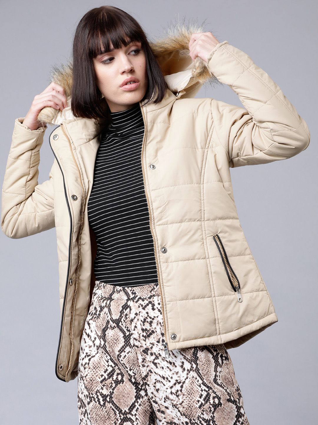 Tokyo Talkies Women Beige Solid Puffer Jacket Price in India