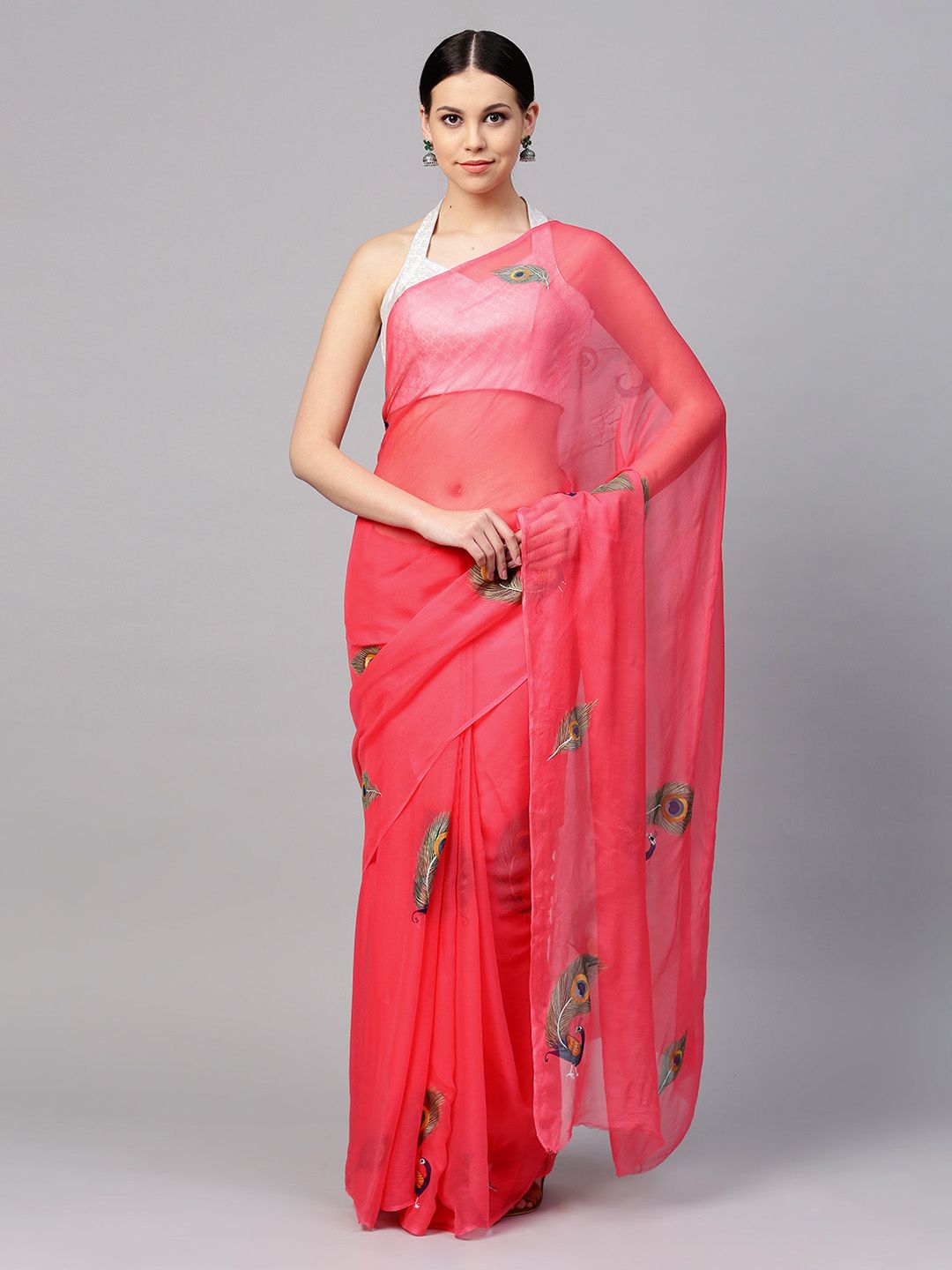 Geroo Jaipur Pink Hand Painted Pure Chiffon Sustainable Saree Price in India