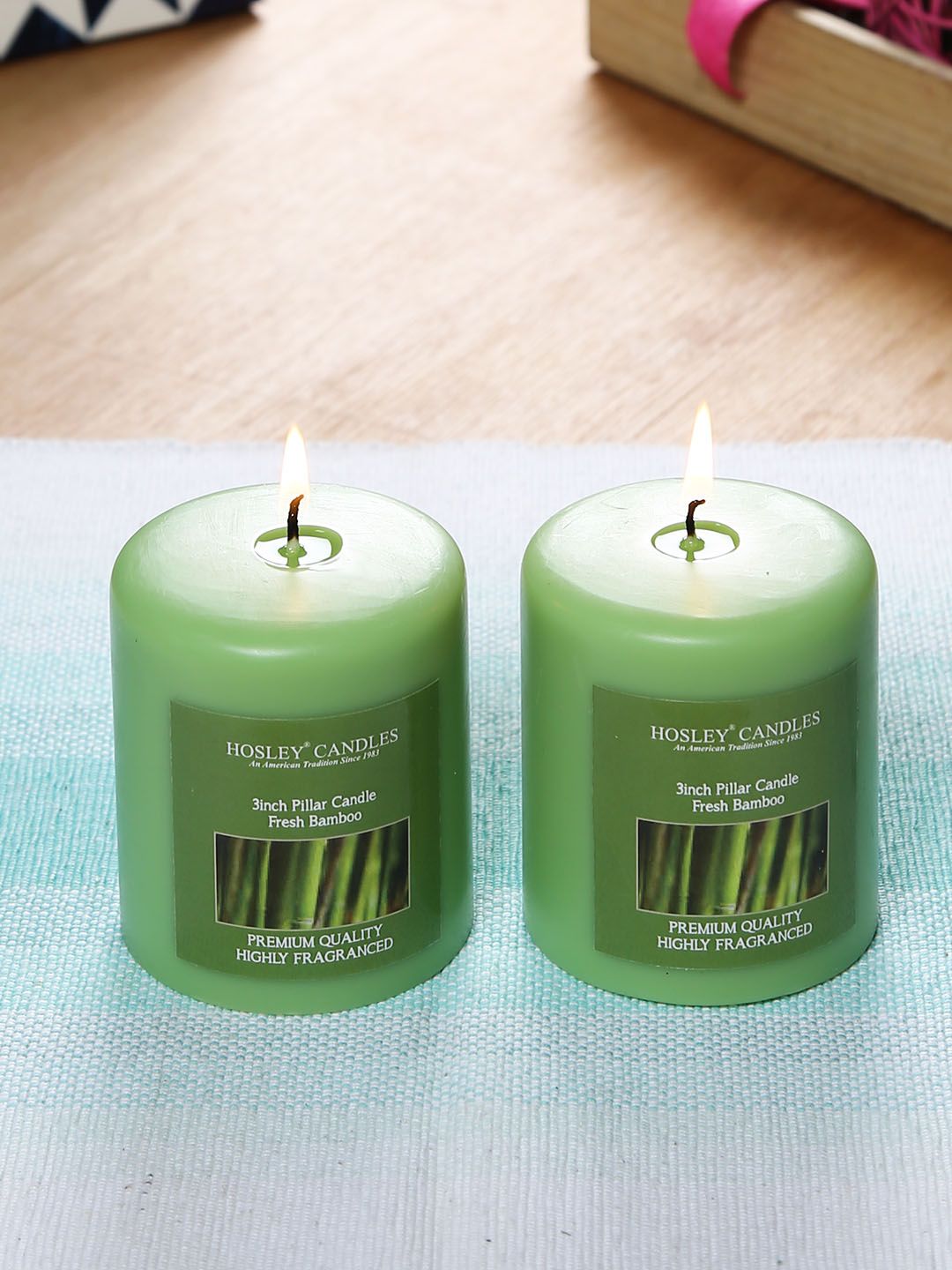 HOSLEY Set of 2 Green Fresh Bamboo Fragranced Wax Pillar Candles Price in India