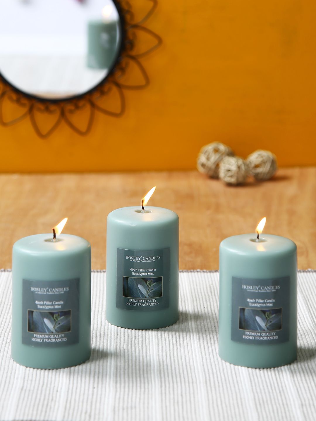 HOSLEY Set of 3 Grey Eucalyptus Mint Fragranced Wax Pillar Candles Price in India